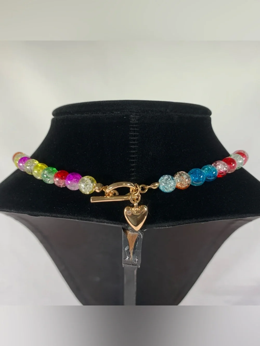 Carnival Rainbow Glass Crackle Bead Gold Tone Necklace 16.5”